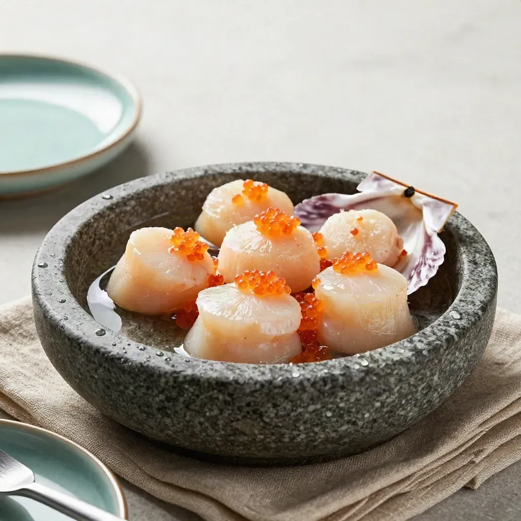 Scallops with coral roe in a stone dish with shell halves and droplets on pale stone.