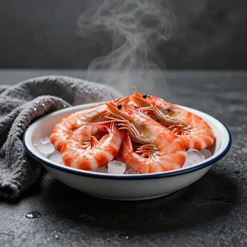 Cooked king prawns in an enamel bowl with ice and grey cloth on black stone