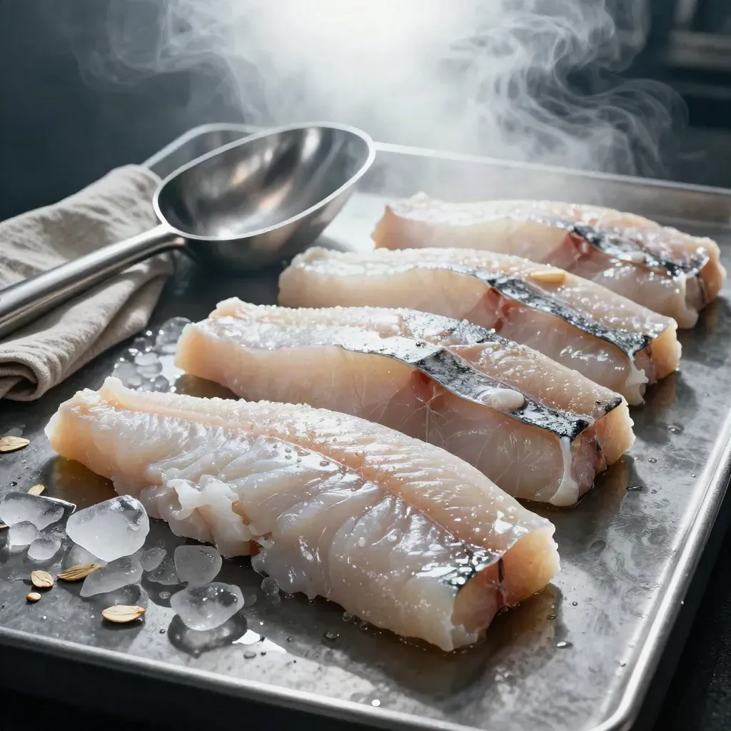 Hake loins fanned beside a steel scoop and linen cloth on a chilled seafood slab.
